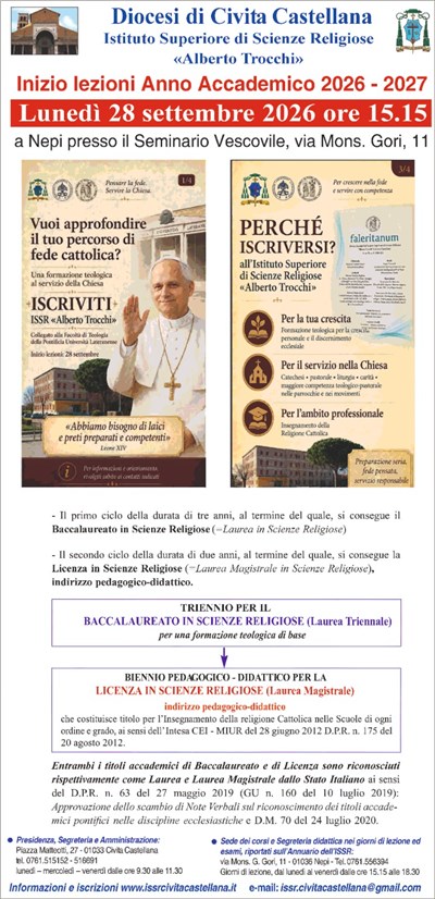Inizio lezioni Anno Accademico 2026 - 2027 ISSR "Alberto Trocchi"